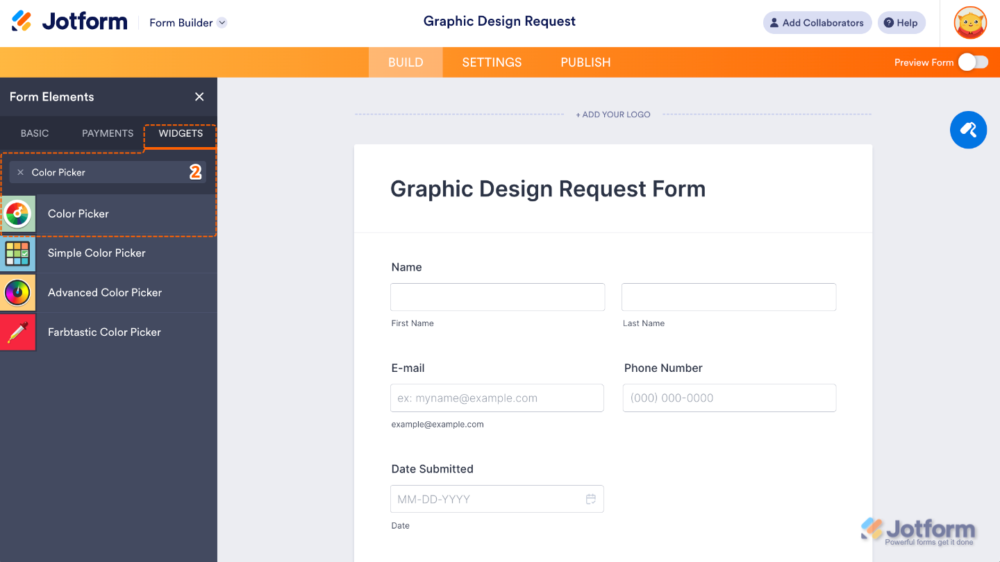 Form Elements menu under Widgets tab showing Color Picker widget being searched and selected
