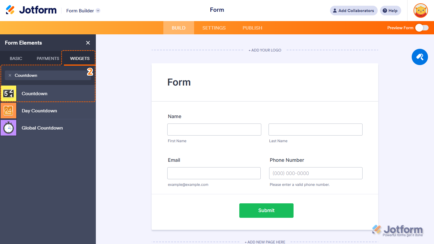 Form Elements Widgets tab showing Countdown widget selection in Jotform