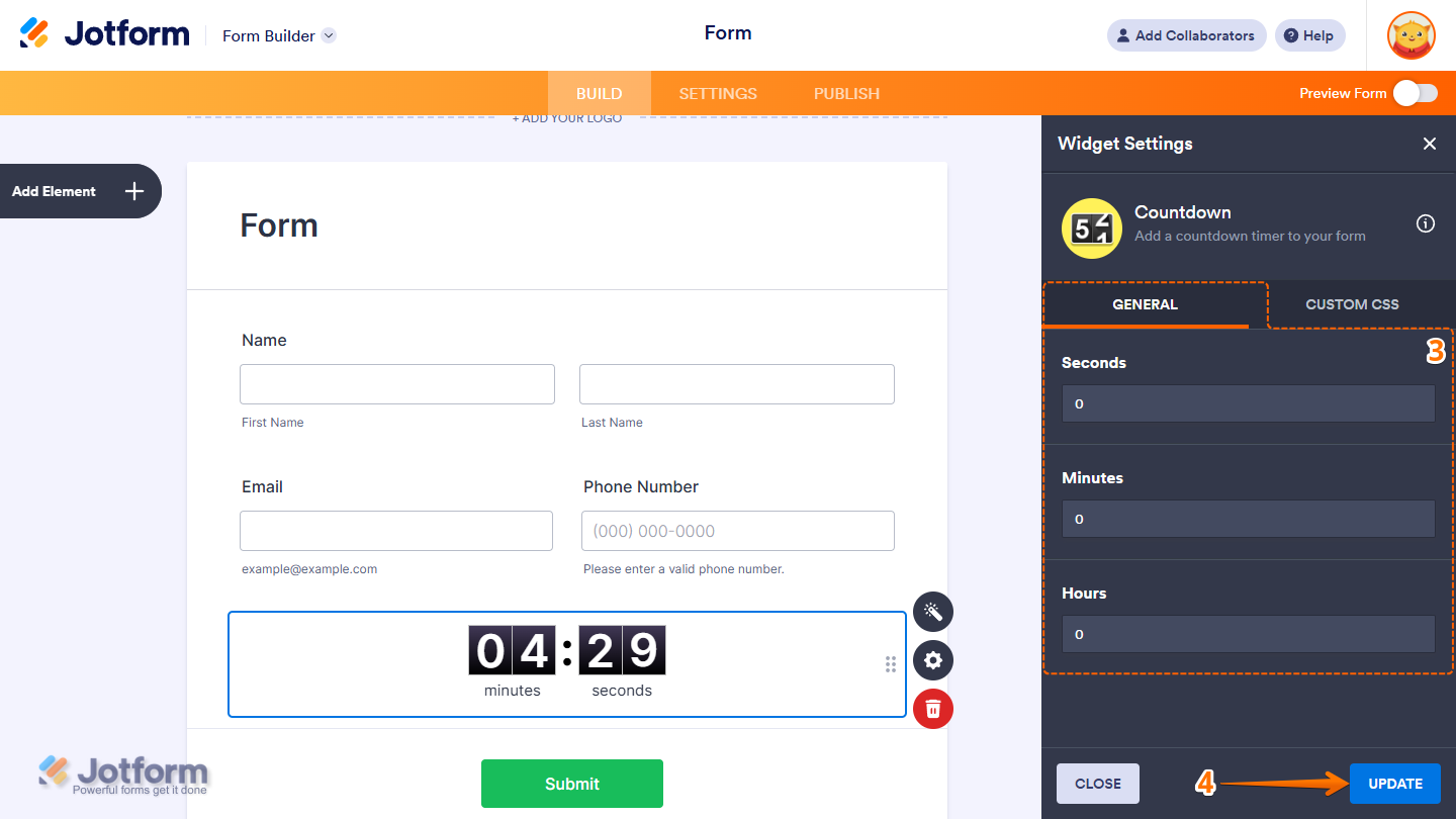 Countdown widget General settings showing seconds minutes hours fields and Update button in Jotform
