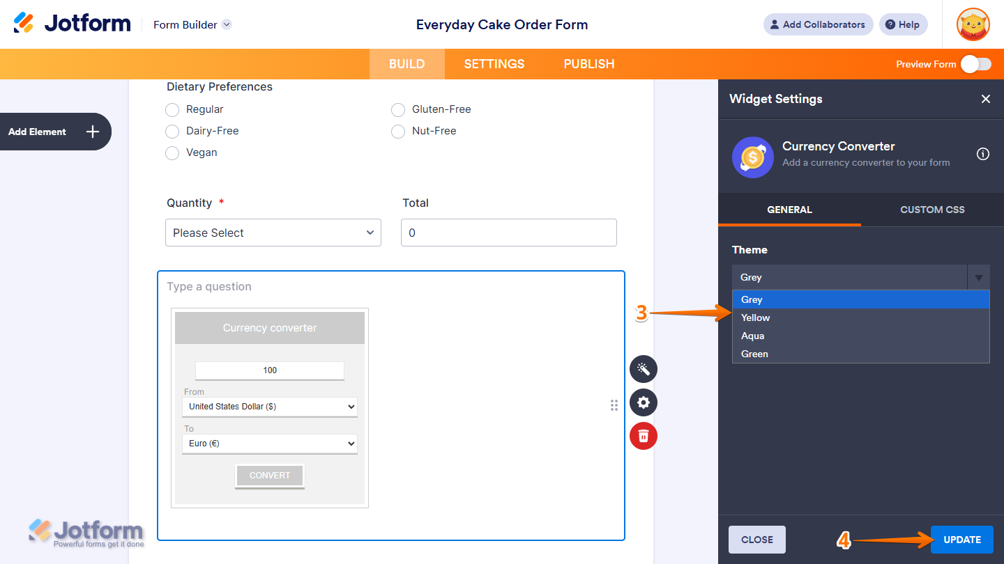 Currency Converter Widget Settings in Jotform Form Builder
