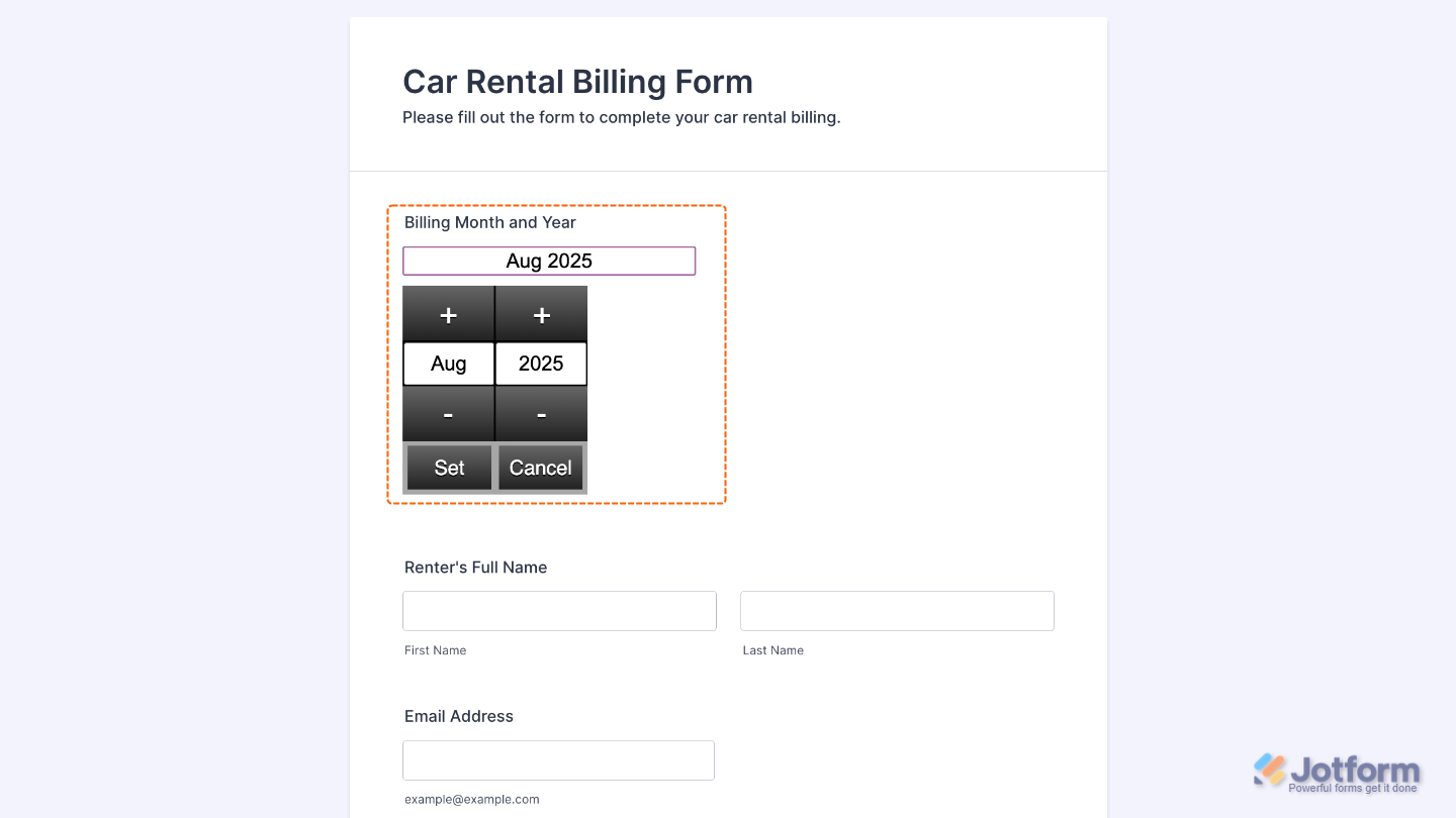 DatePicker Year Month widget preview showing month and year selection field in a live form