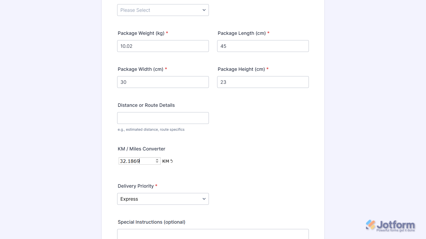 Distance Converter Widget on a Jotform form