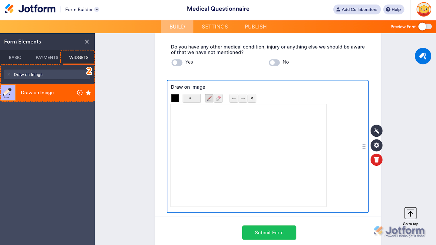 Form Elements menu under the Widgets tab showing the Draw on Image widget being searched and selected