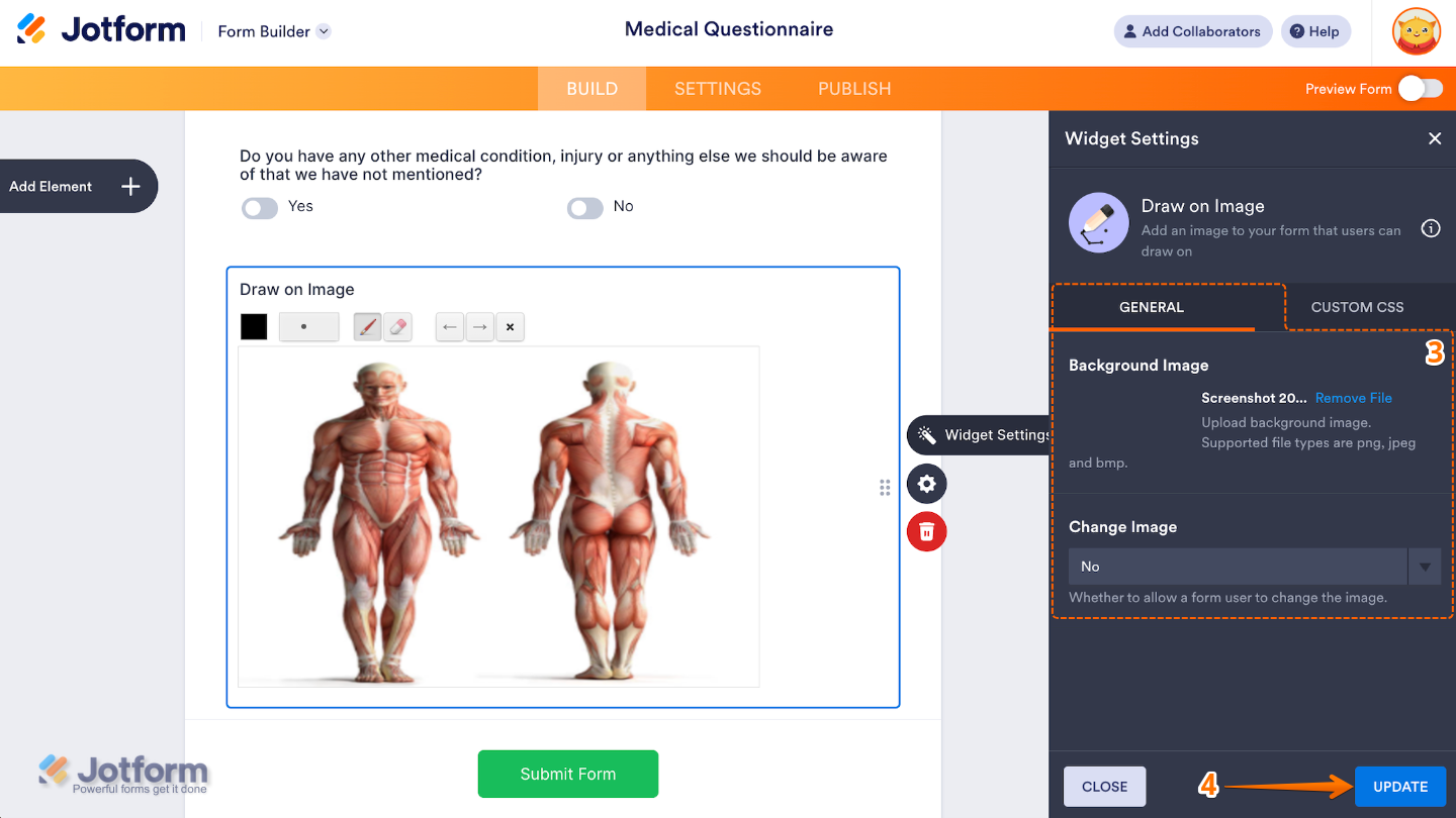 Configuring the Draw on Image widget with Background Image and Change Image set to Yes