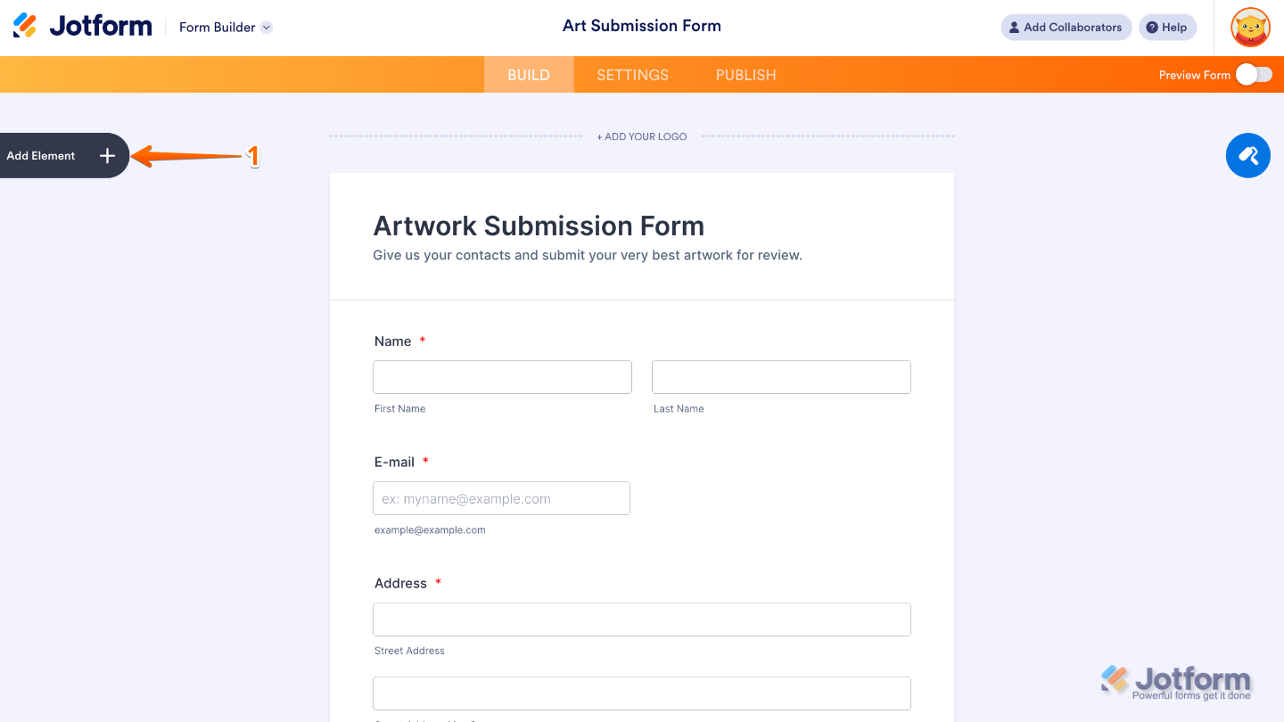 Form Builder interface showing the Add Element button on the left sidebar used to add new form fields