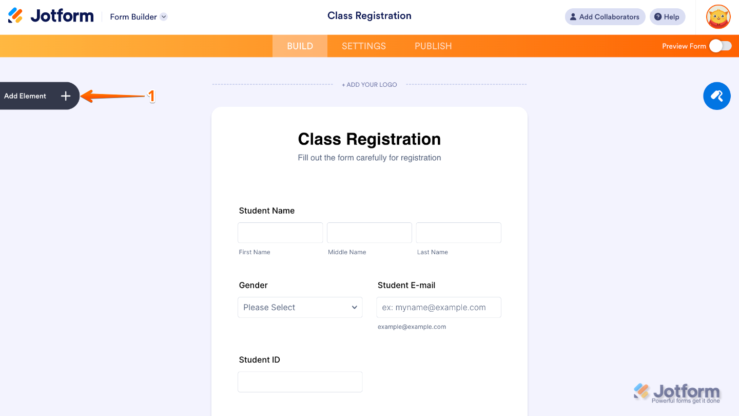 Form Builder interface showing the Add Element button on the left panel