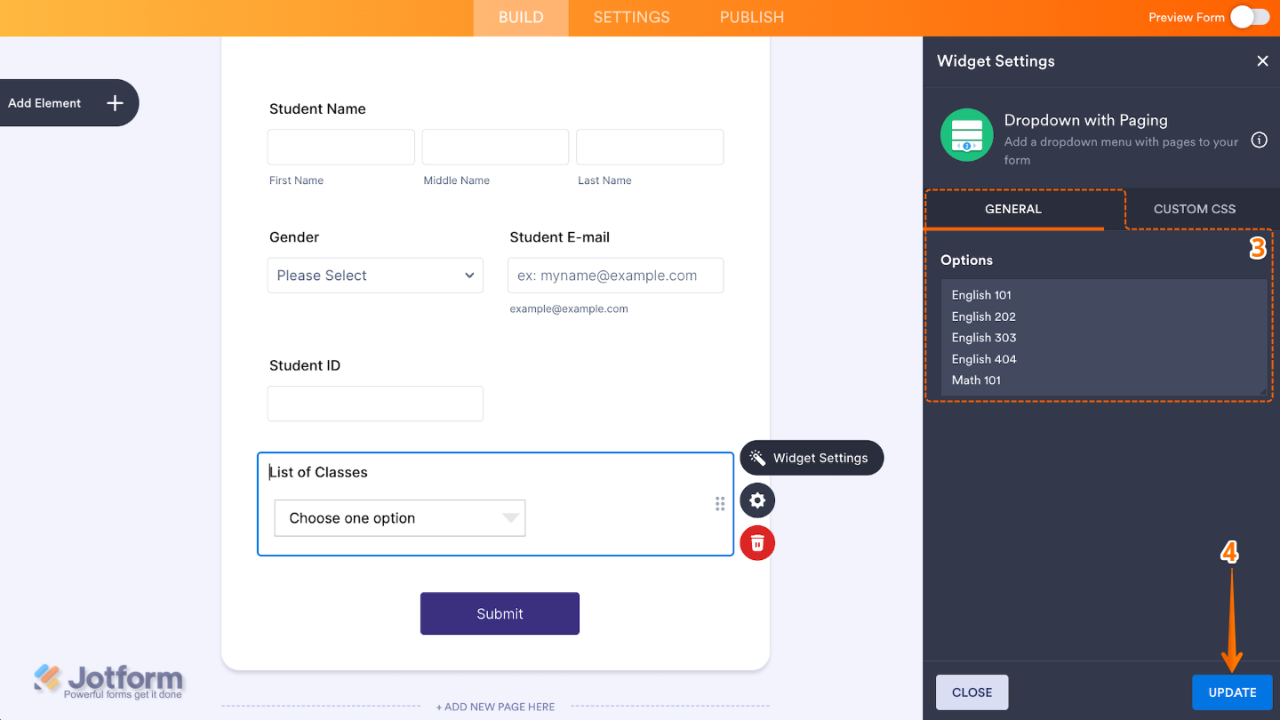 Widget Settings panel for Dropdown with Paging with multiple dropdown choices added