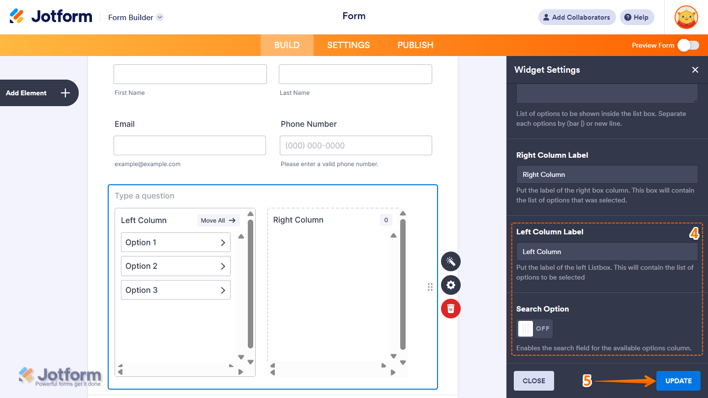 Dual ListBox widget settings showing Left Column label Search Option toggle and Update button in Jotform