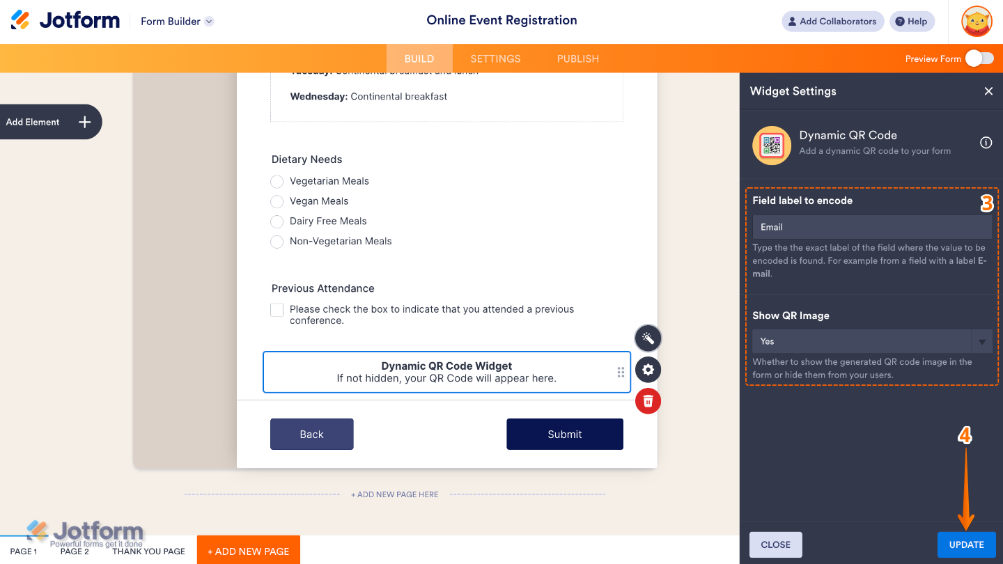 Widget Settings panel for Dynamic QR Code with field label input and QR image display toggle
