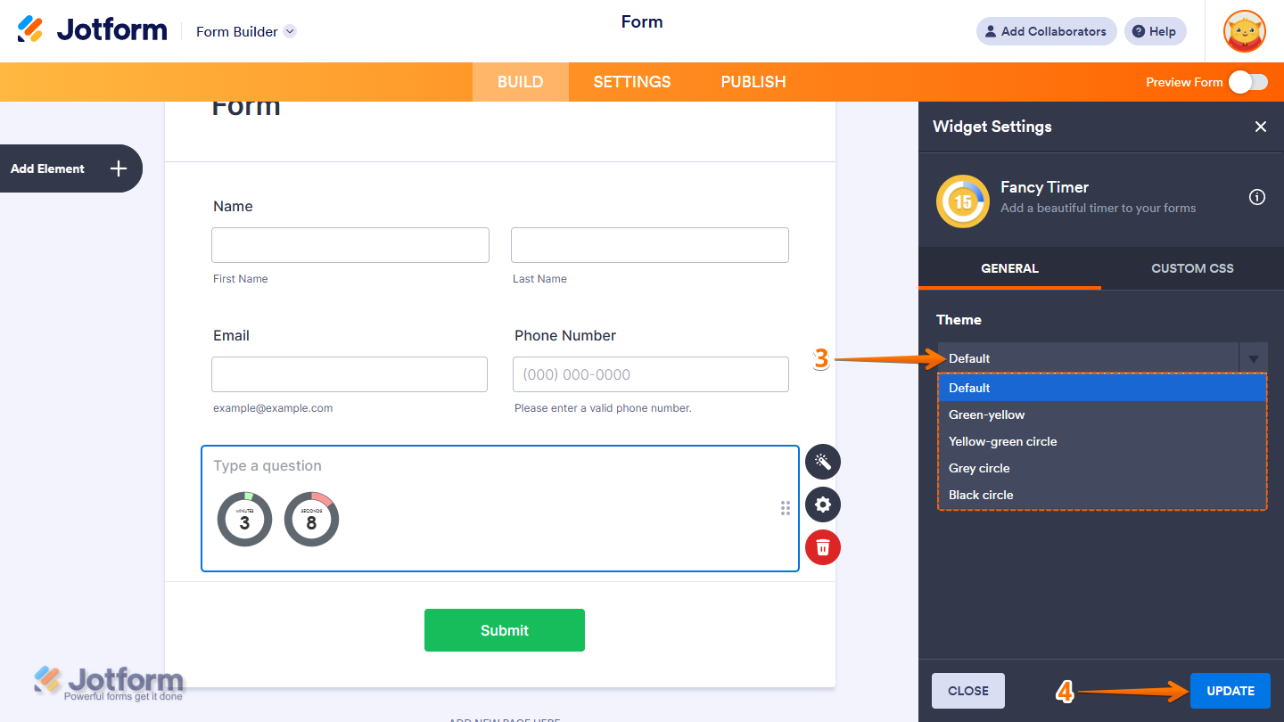 Fancy Timer Widget settings showing Theme dropdown selection and Update button in Jotform