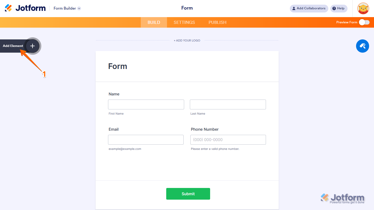 Form Builder Add Element menu in Jotform