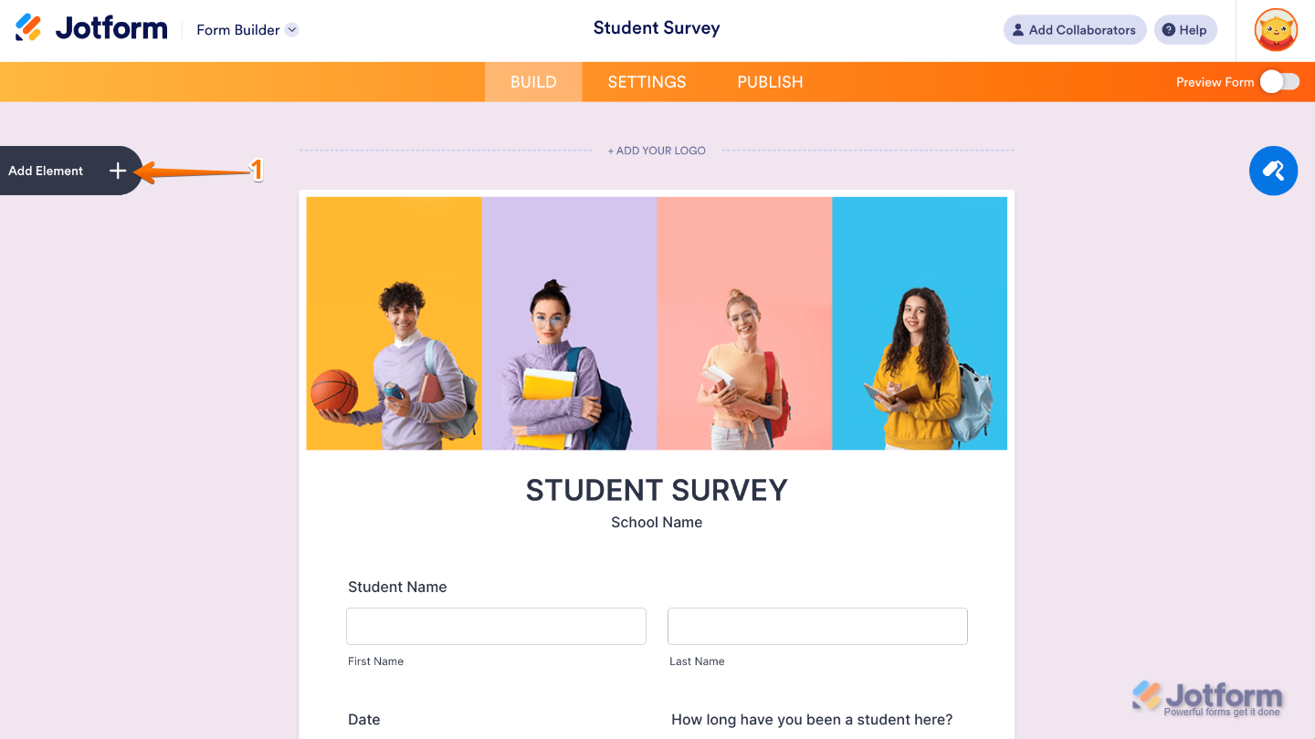 Form Builder interface showing the Add Element button on the left sidebar