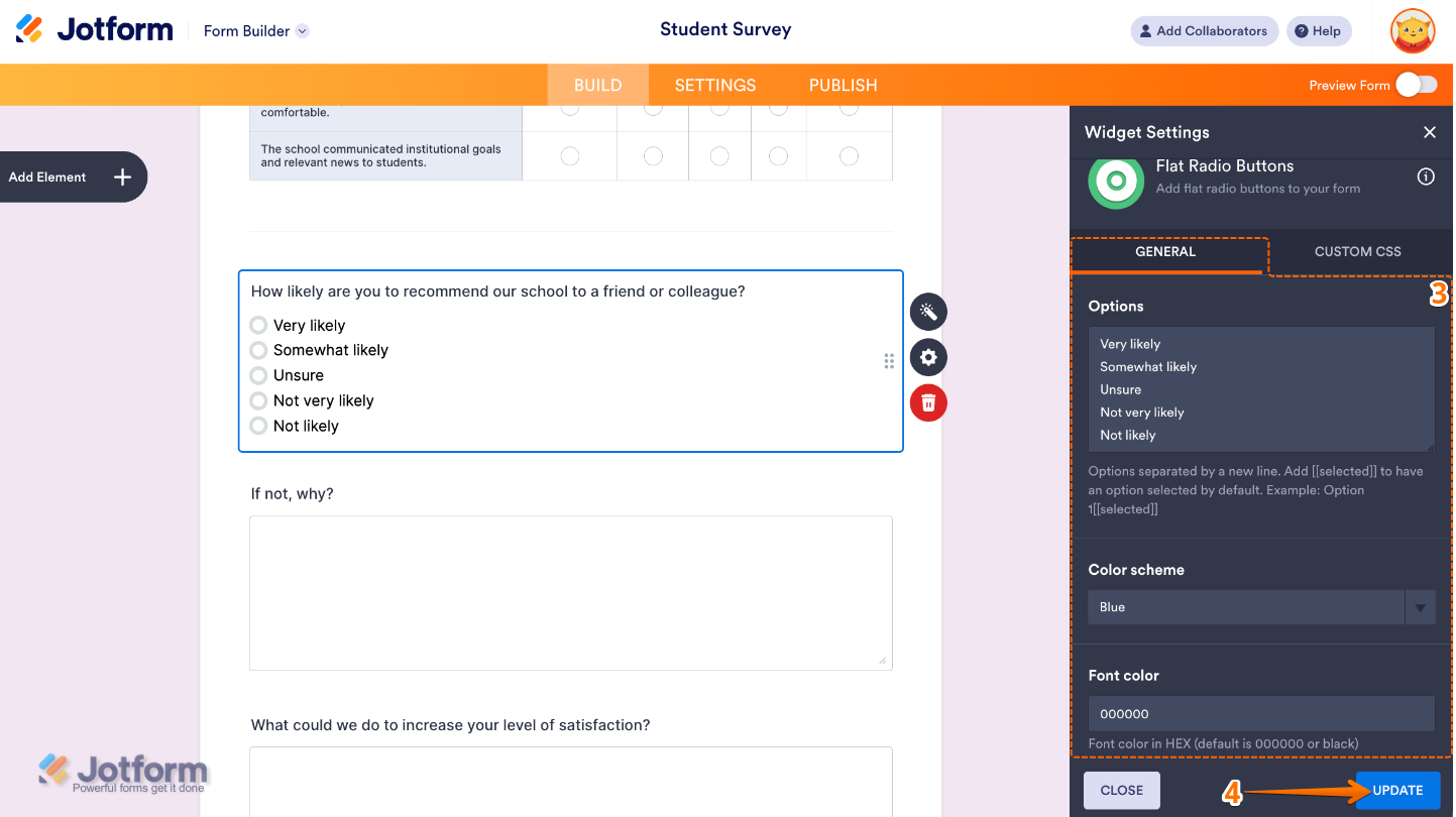 Flat Radio Buttons widget settings showing Options field, Color Scheme selection, and Font Color customization before clicking Update