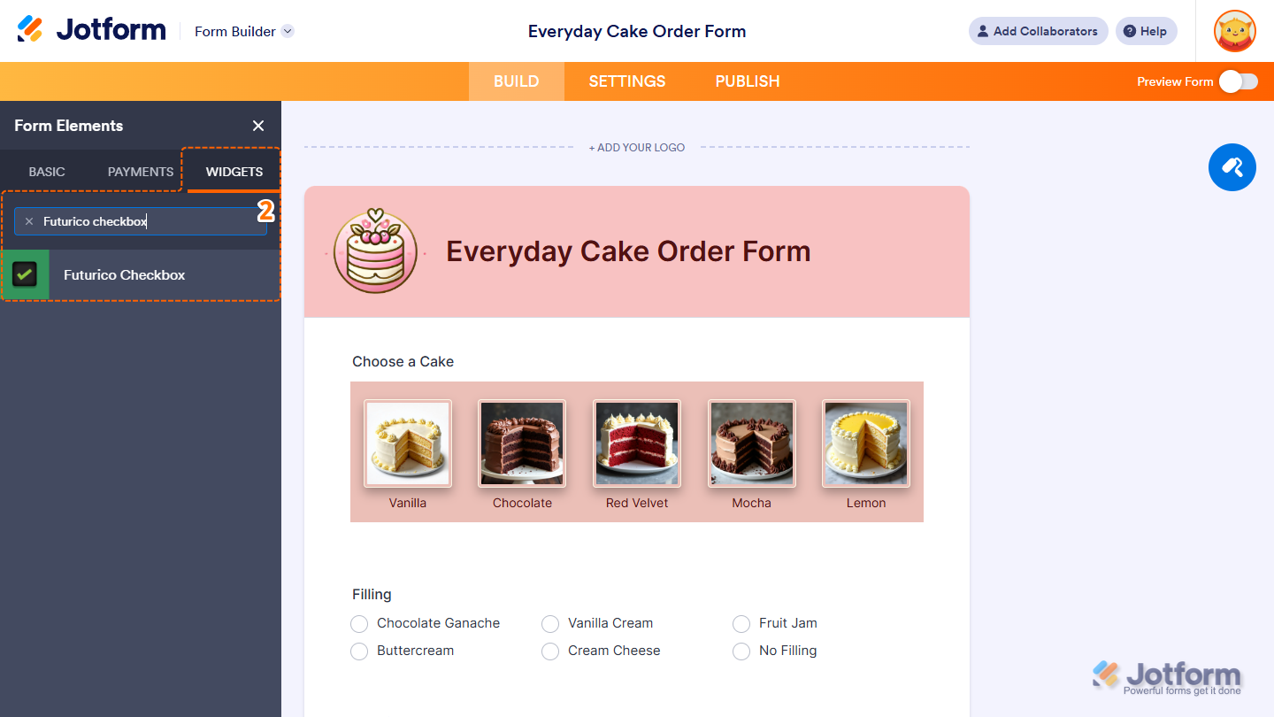 Futurico Checkbox element under the Widgets tab of the Form Elements menu in Jotform Form Builder