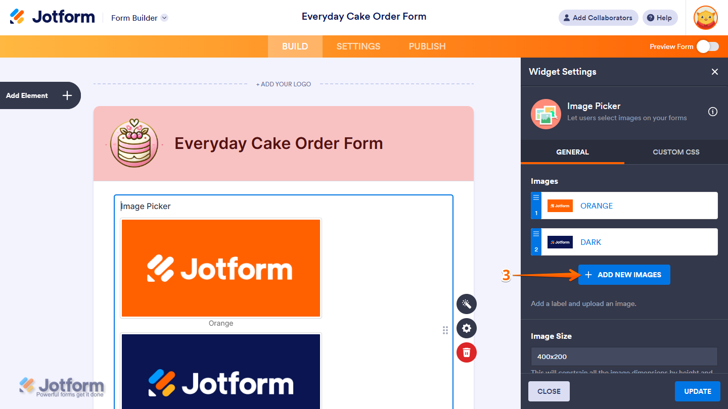Add New Images button in the Image Picker Widget Settings menu in Jotform Form Builder
