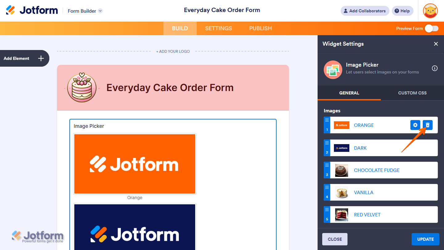 Trash icon on an Image Option in the in the Image Picker Widget Settings menu in Jotform Form Builder