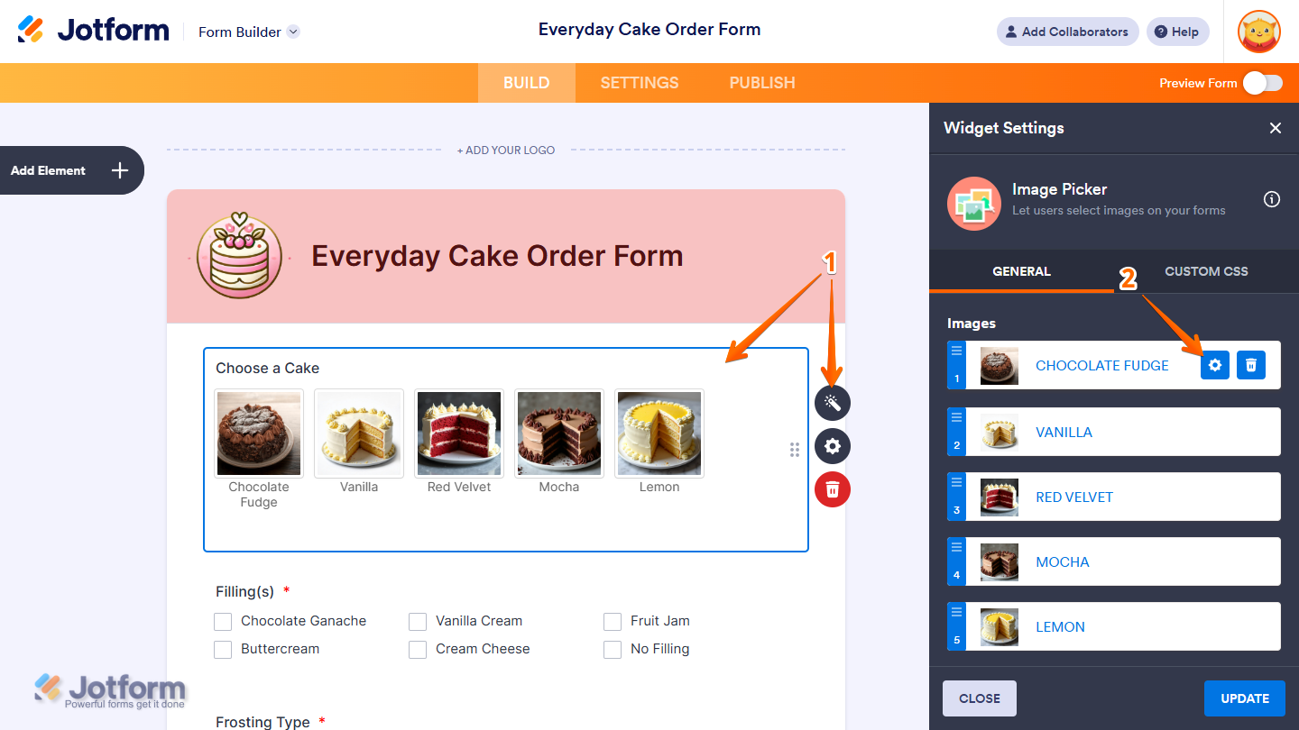 Gear icon on an Image Option in the in the Image Picker Widget Settings menu in Jotform Form Builder