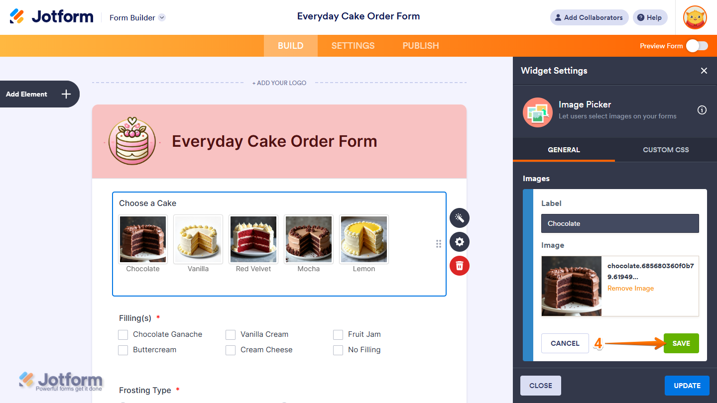 Save button of the Image Option menu in the Image Picker Widget Settings menu in Jotform Form Builder