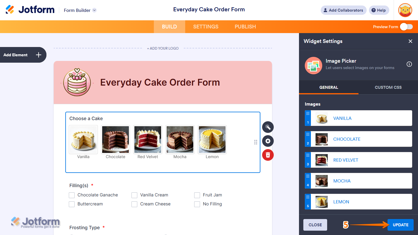Update button in the Image Picker Widget Settings menu in Jotform Form Builder