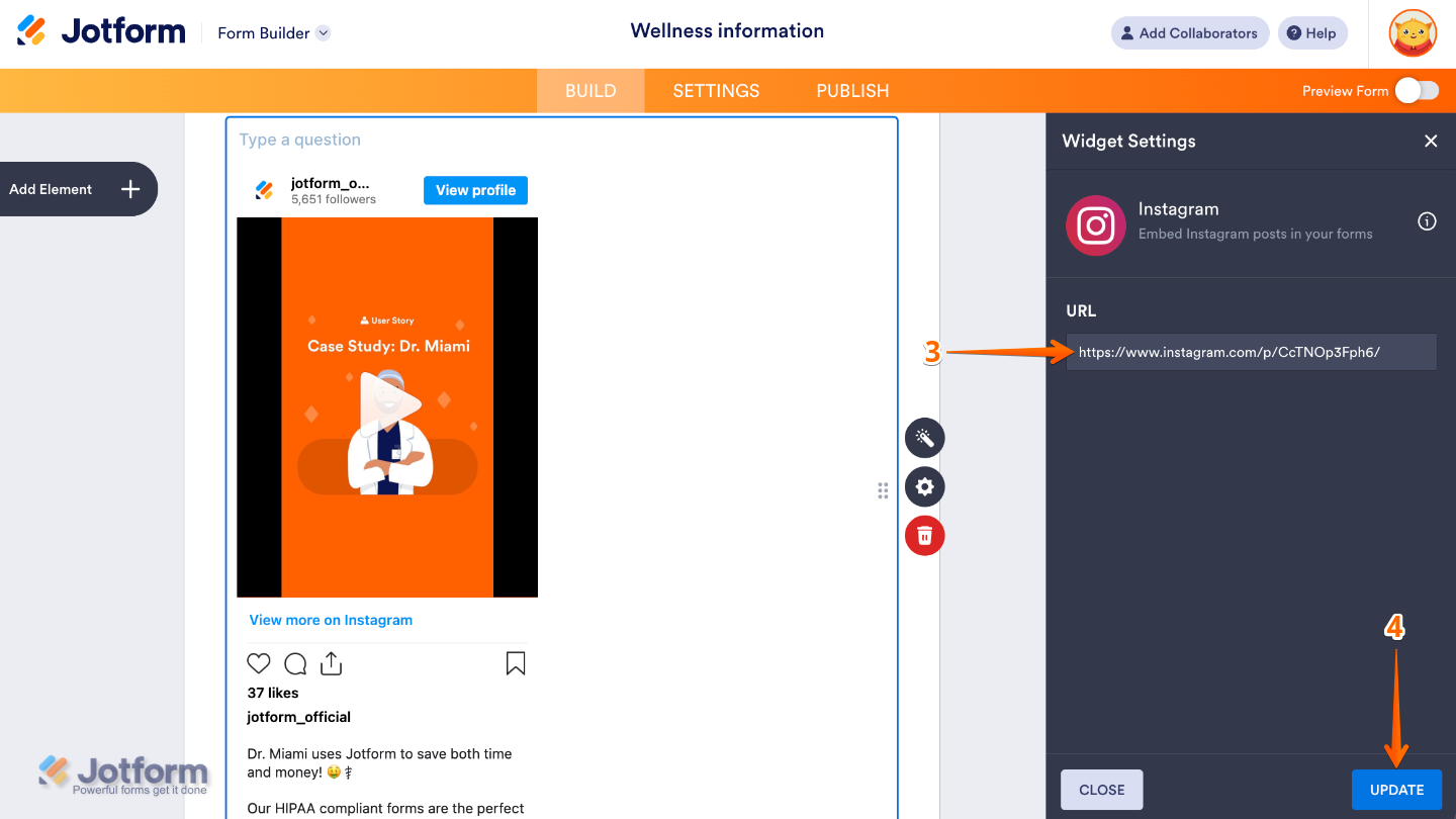 Instagram widget settings showing URL field for adding a specific Instagram post to display in the form
