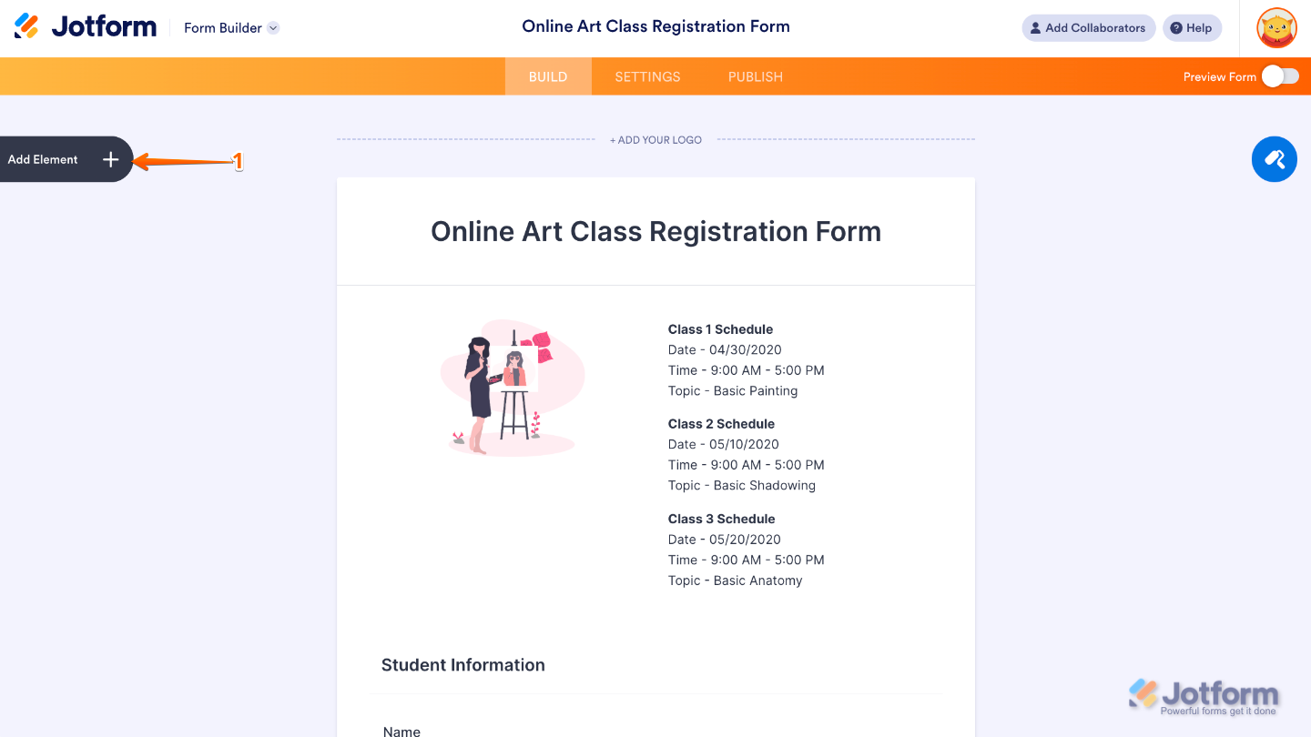 Form Builder interface showing the Add Element button on the left panel