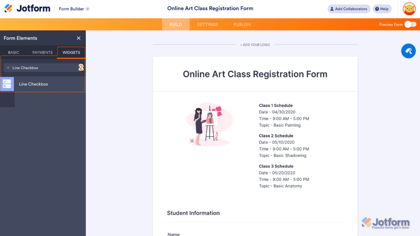 Form Elements menu under the Widgets tab showing the Line Checkbox widget being searched and selected