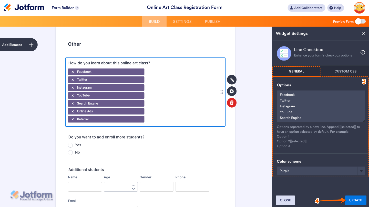 Widget Settings panel for Line Checkbox with checkbox options entered and color theme selected