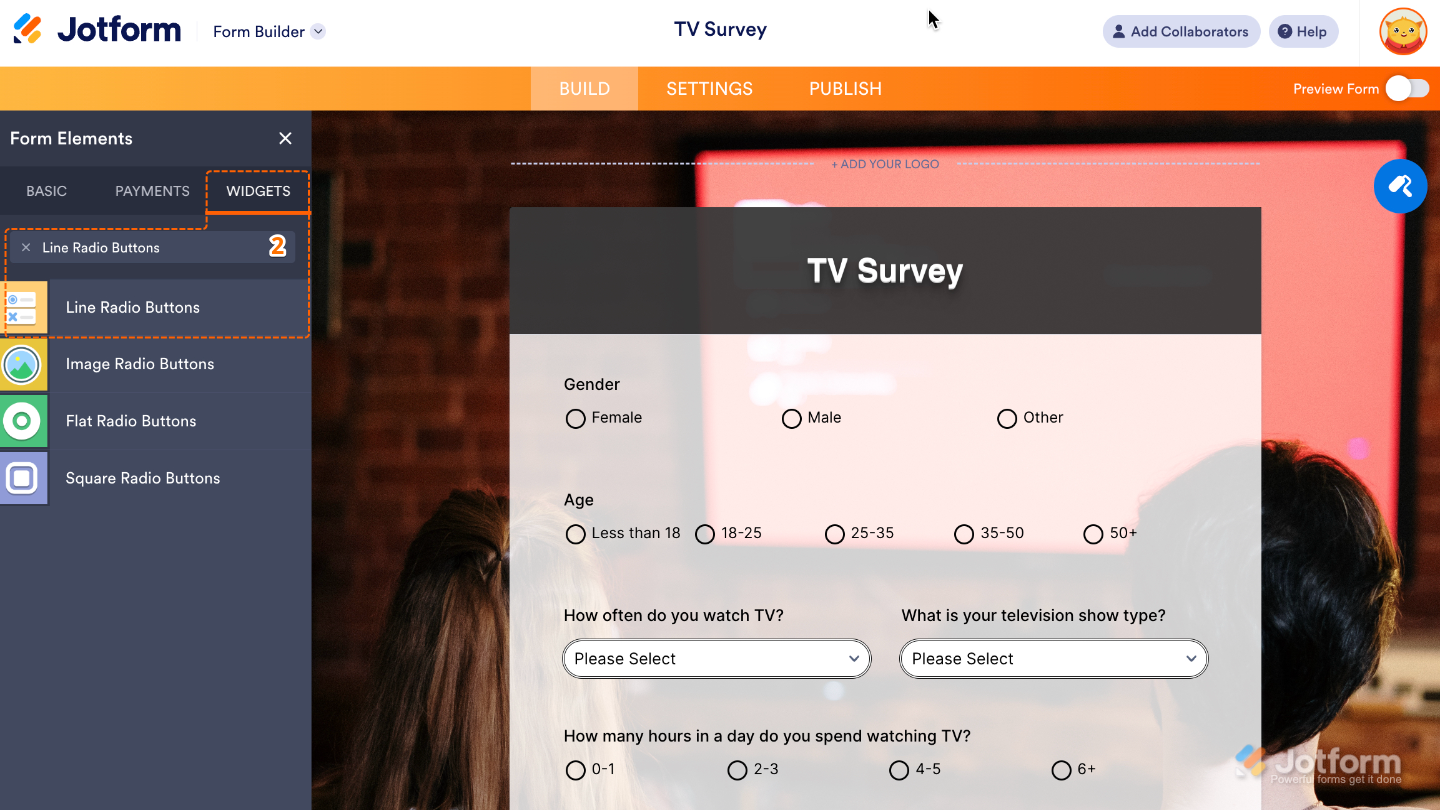 Form Elements menu under the Widgets tab showing the Line Radio Buttons widget being searched and selected