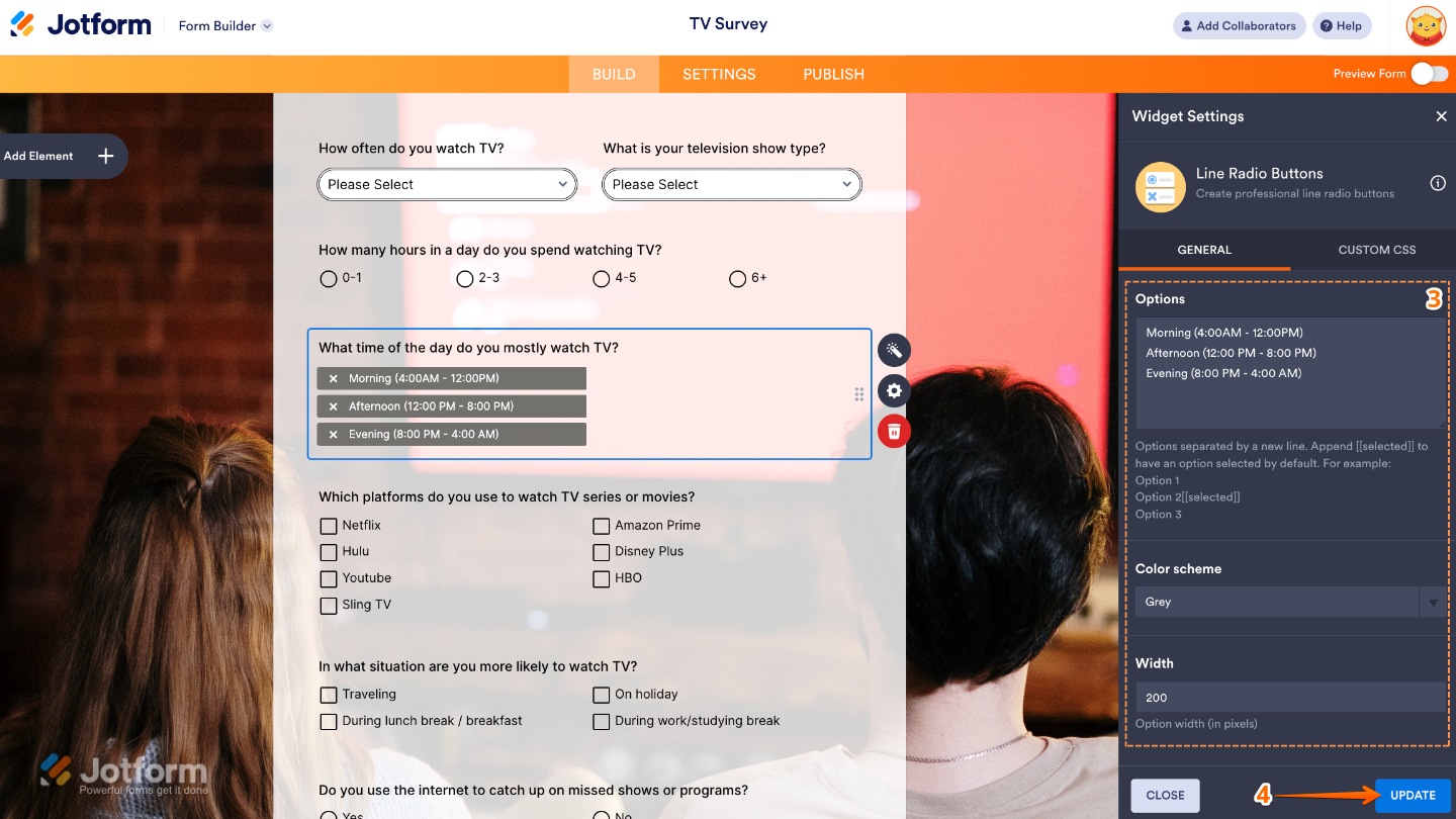 Line Radio Buttons widget settings in Jotform showing Options list, Color Scheme selection, and Width adjustment