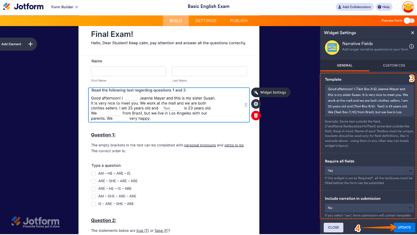 Widget Settings panel for the Narrative Fields widget displaying Template configuration, required fields toggle, and narration inclusion in submissions