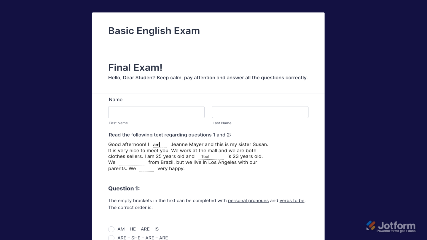 Form with the Narrative Fields widget set up, allowing users to complete text fields in a structured sentence or paragraph format