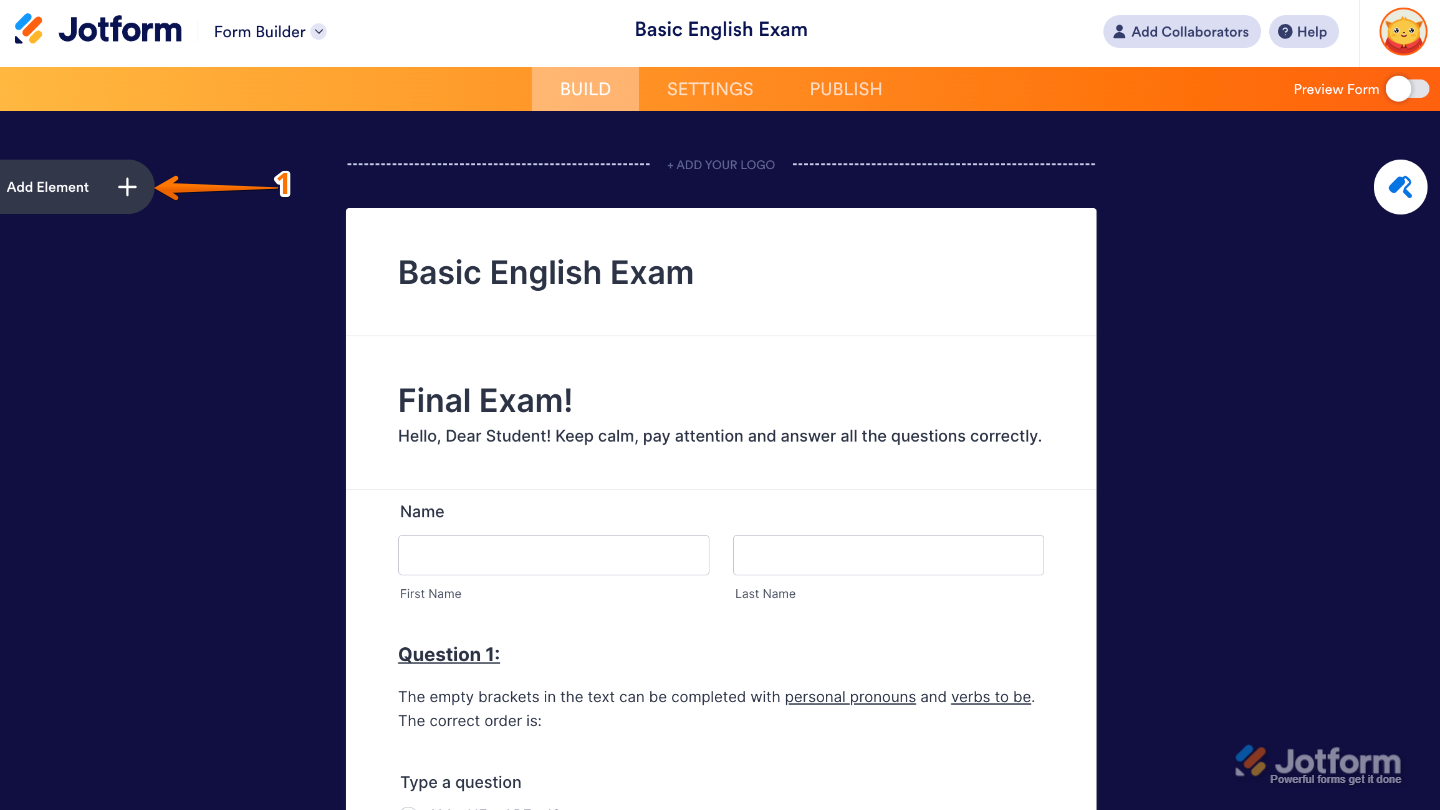 Form Builder interface showing the Add Element button on the left side of the page