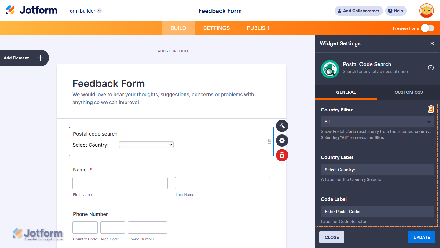 Postal Code Search Widget Settings in Jotform Form Builder