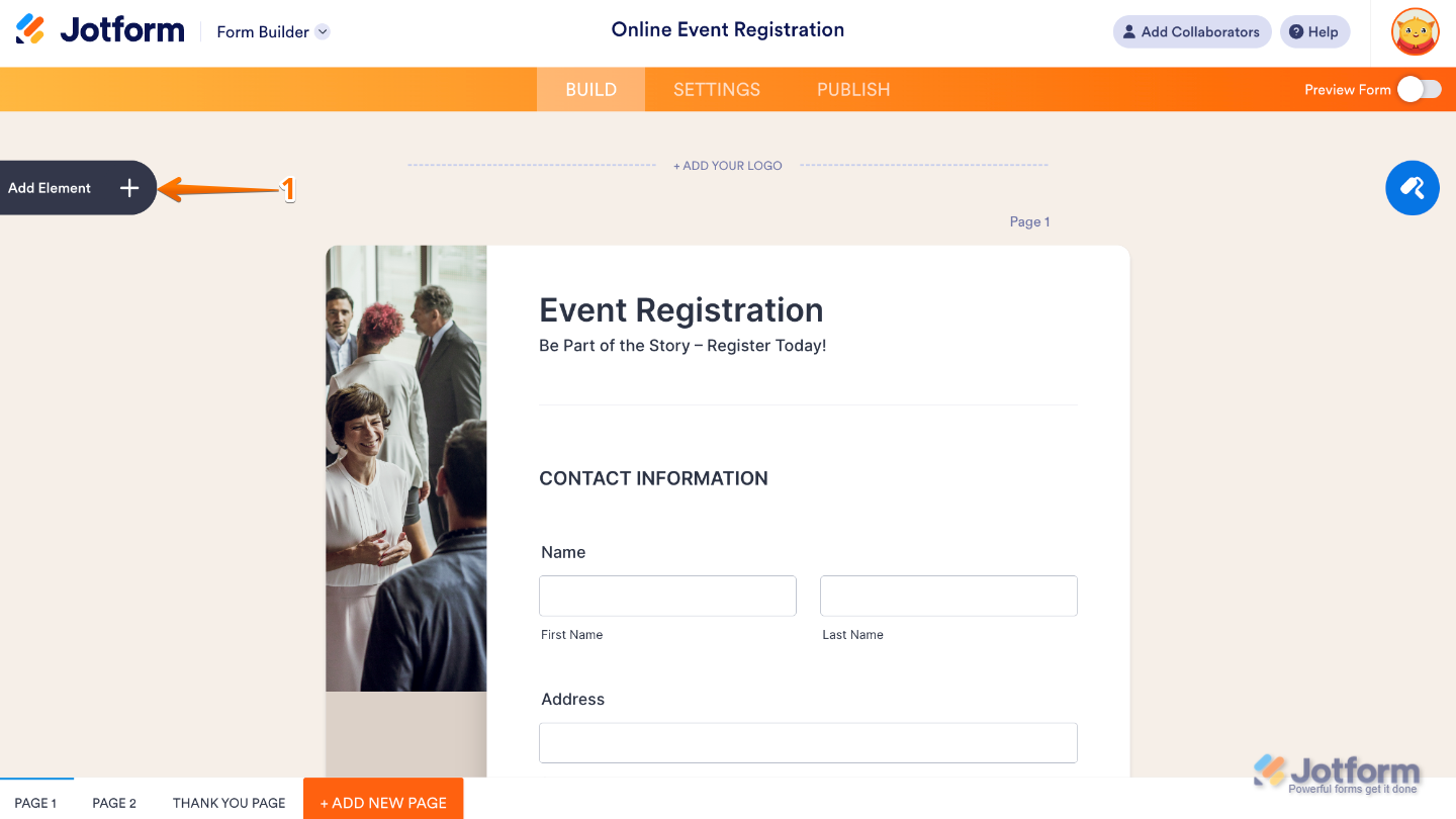 Form Builder interface showing the Add Element button on the left side of the page