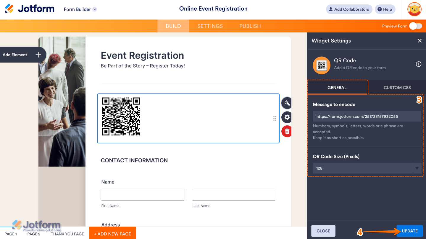 Form Builder Widget Settings window displaying QR Code Message to Encode field and QR Code Size in pixels configuration
