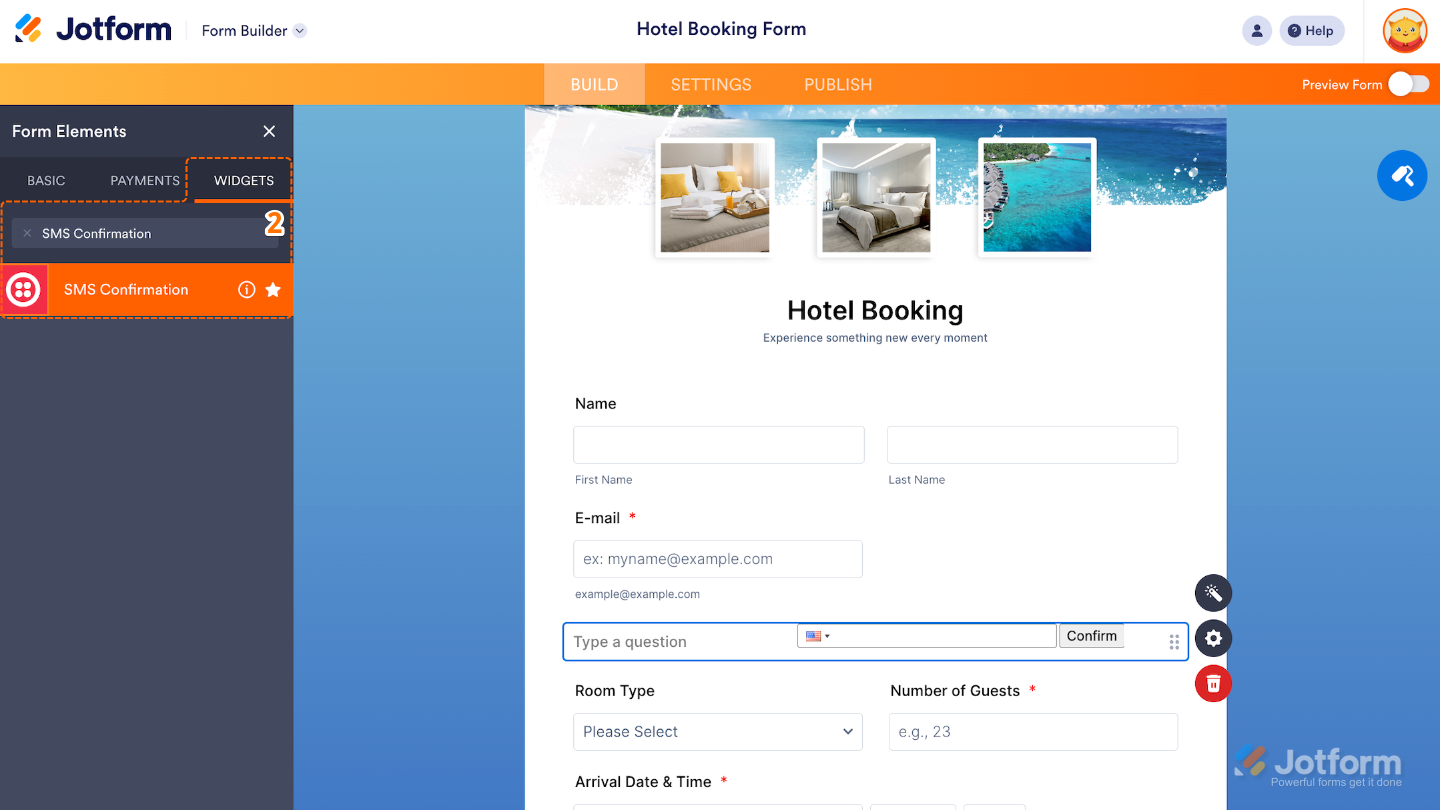Elements menu in Form Builder showing the SMS Confirmation widget under the Widgets tab
