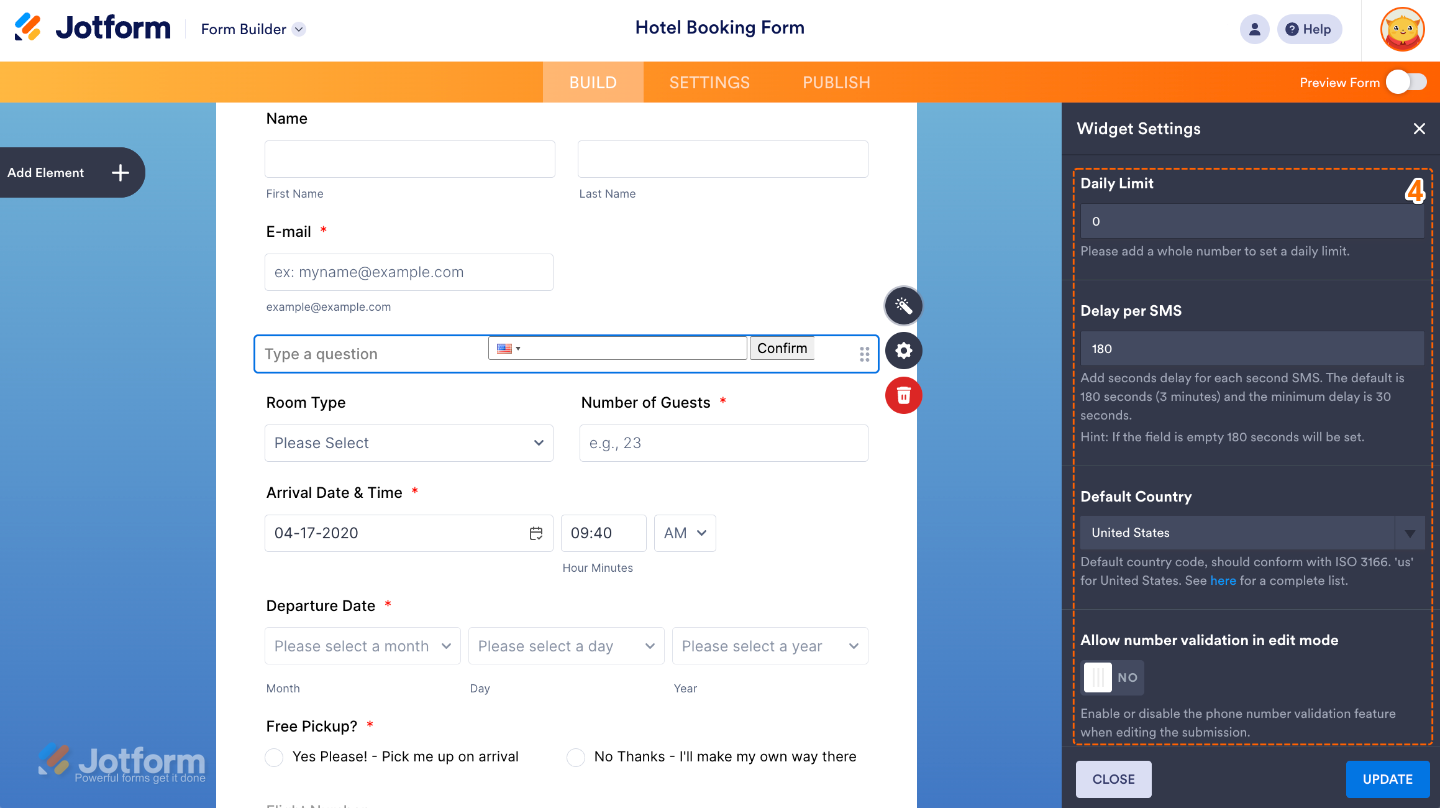 SMS Confirmation widget settings in showing Daily Limit, Delay per SMS, Default Country, and number validation options
