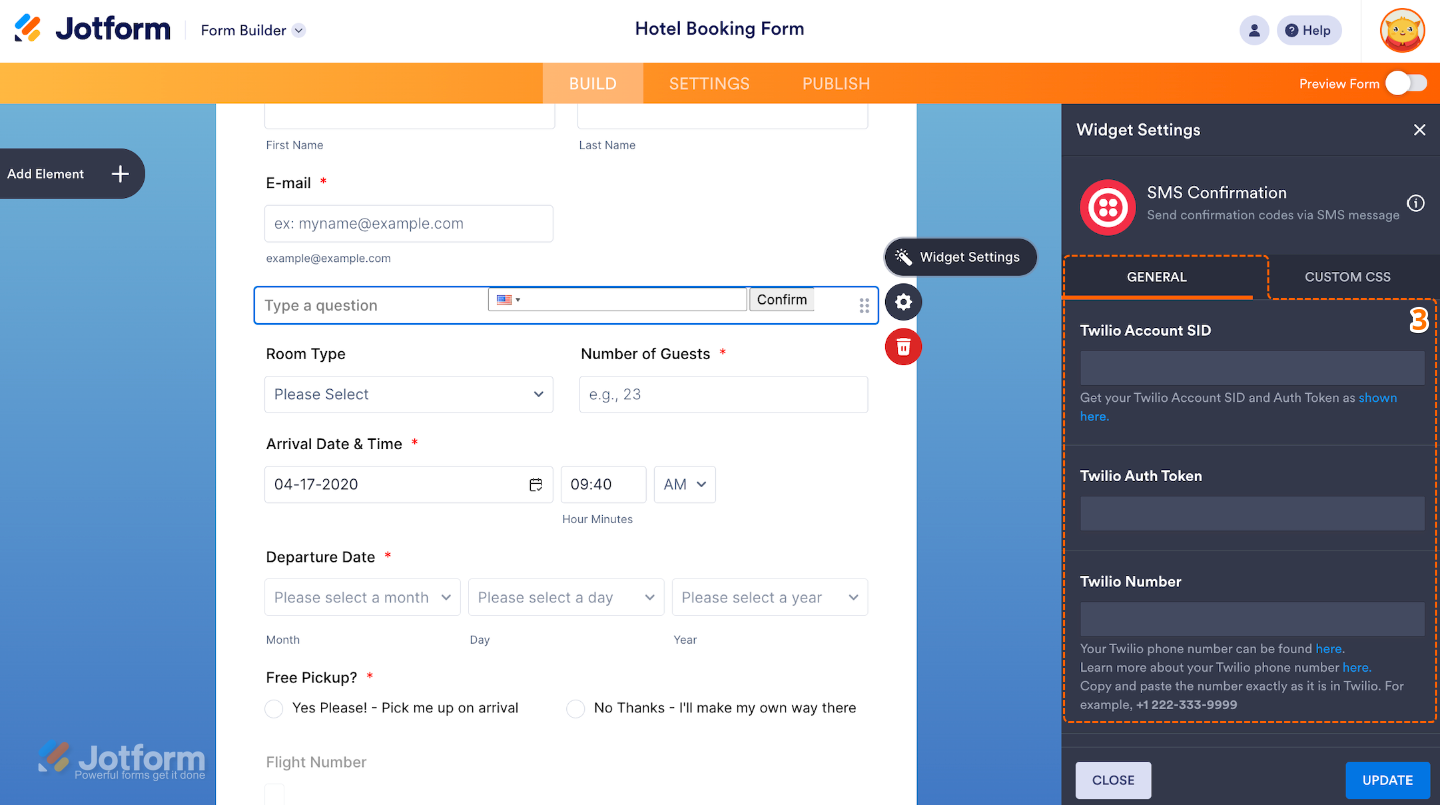 SMS Confirmation widget settings in form showing fields for Twilio Account SID, Auth Token, and Twilio phone number
