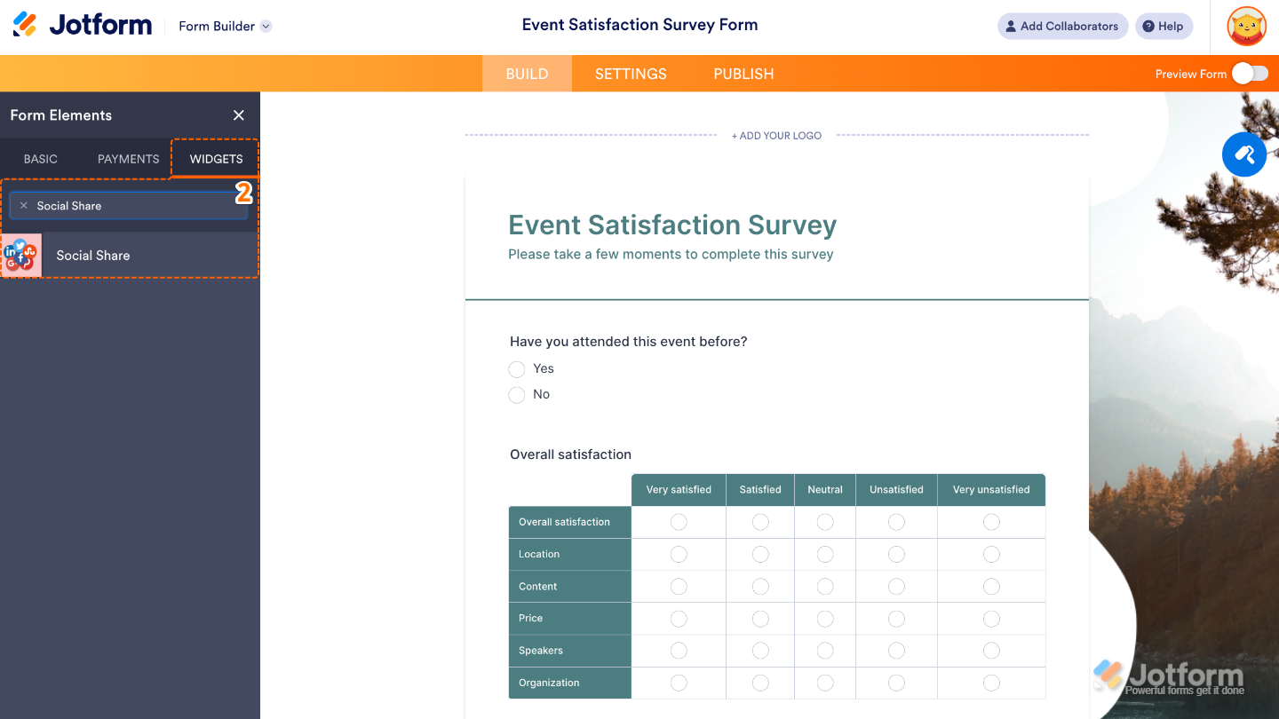 Form Elements menu under the Widgets tab showing the Social Share widget being searched and selected