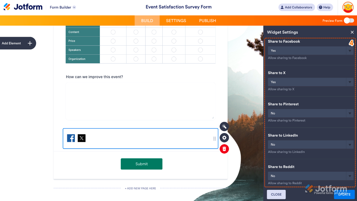 Social Share widget settings in Jotform showing toggle options for Facebook, X, Pinterest, LinkedIn, and Reddit share buttons