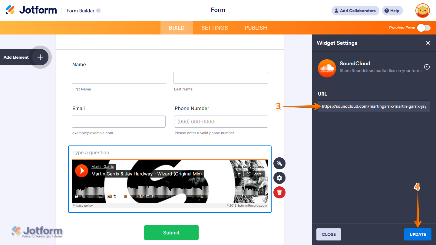 SoundCloud widget settings showing URL input field and Update button in Jotform