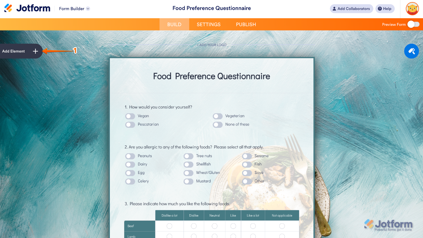 Form Builder interface showing the Add Element button on the left sidebar