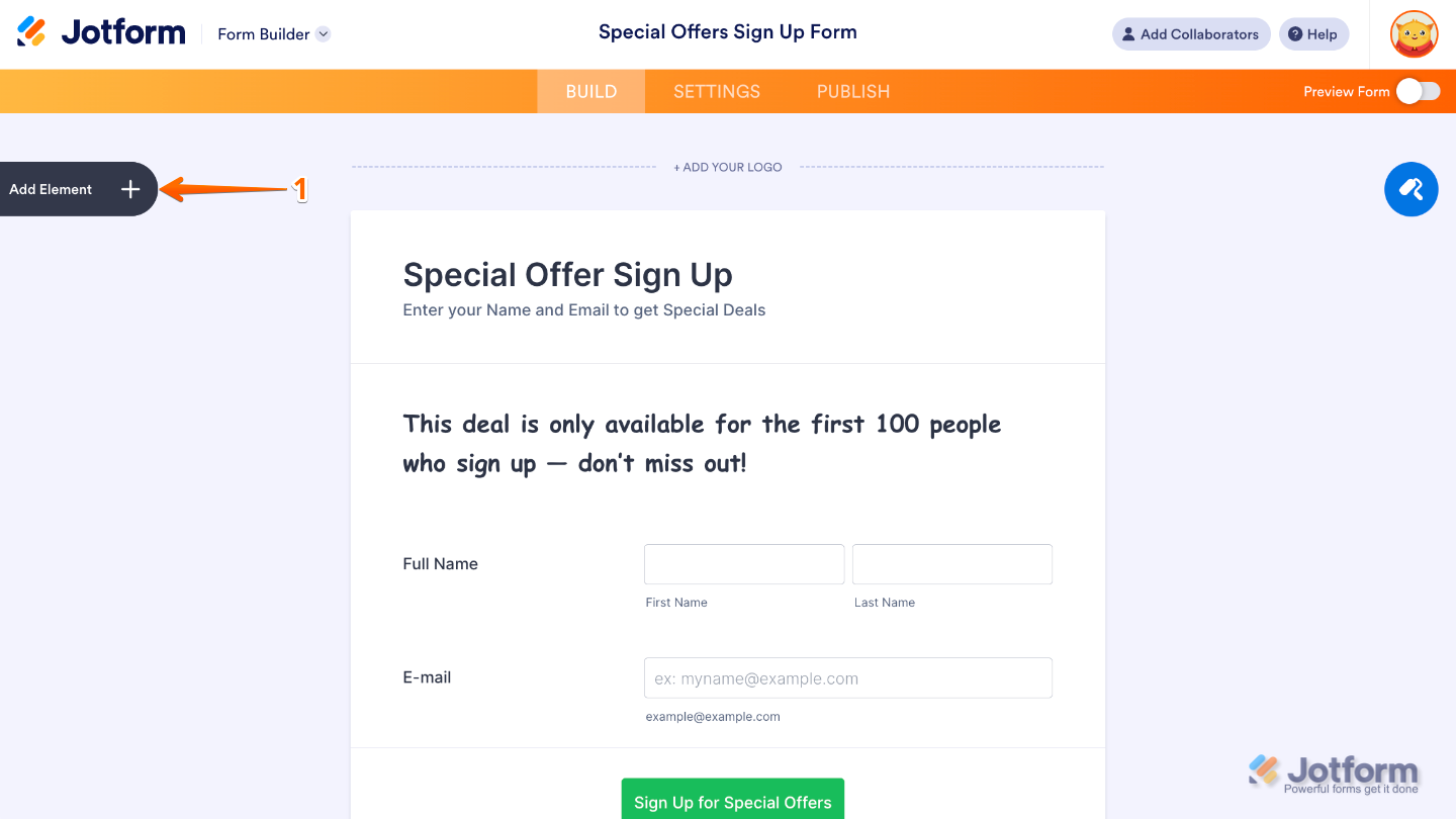 Form Builder interface showing the Add Element button on the left side of the page