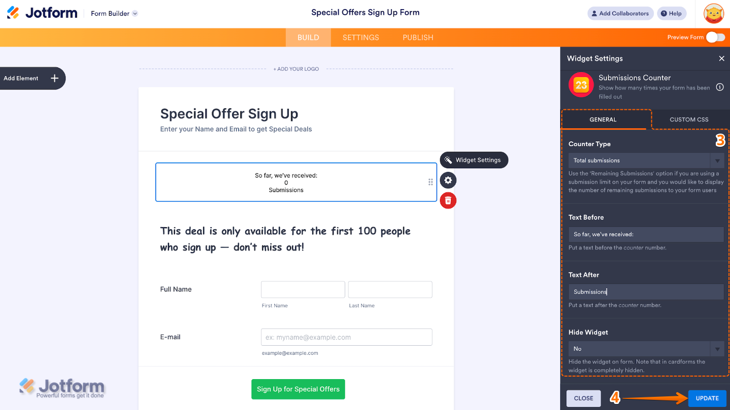 Widget Settings window for the Submissions Counter displaying configuration for type of counter, pre-text, post-text, and visibility settings