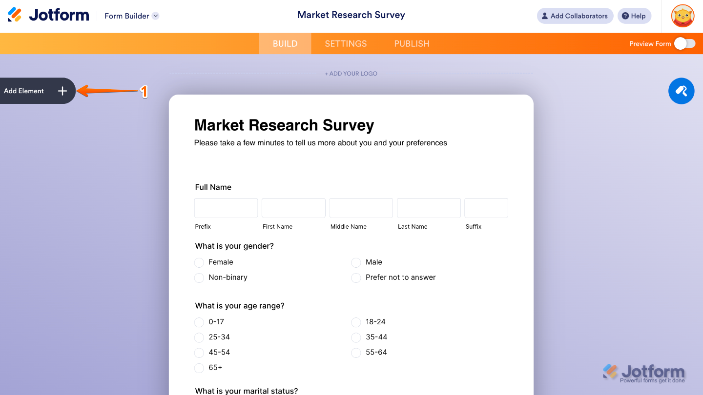 Form Builder interface highlighting the Add Element button on the left sidebar