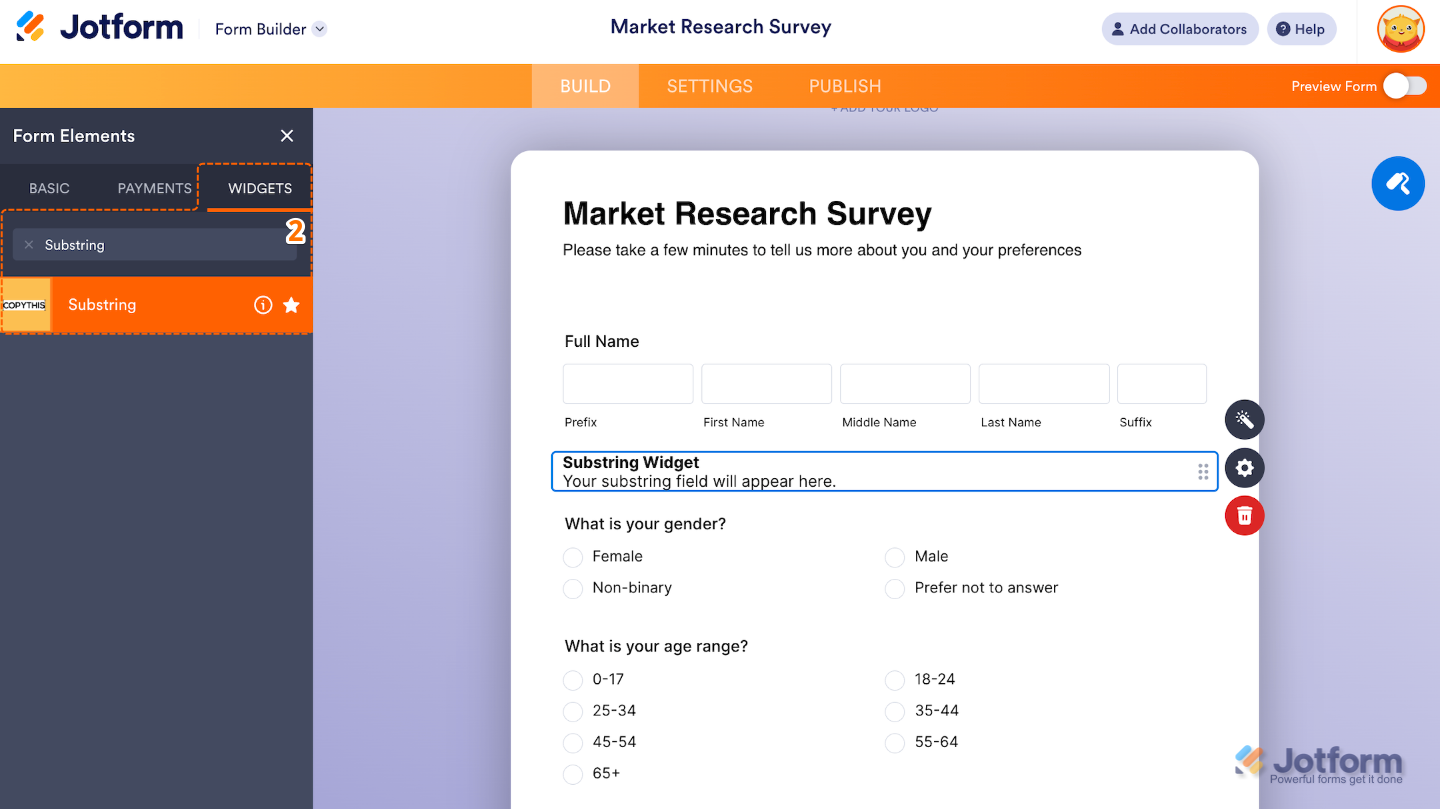 Form Elements menu in Jotform Form Builder with the Substring widget searched under the Widgets tab