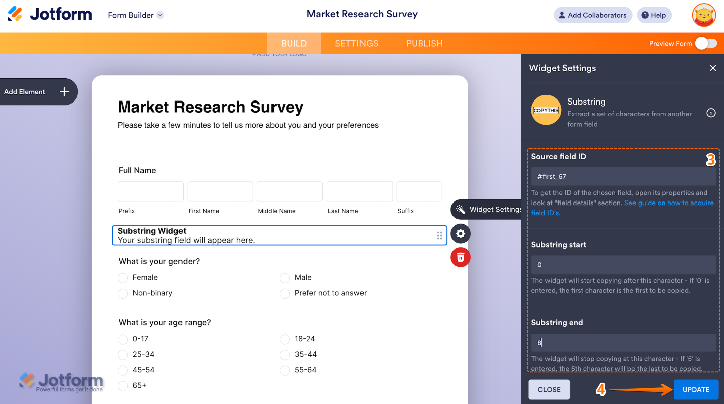 Widget Settings window for the Substring widget in Form Builder with substring start and end configuration