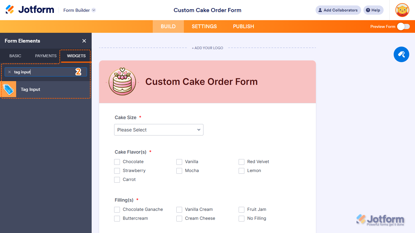 Tag Input element under the Widgets tab of the Form Elements menu in Jotform Form Builder