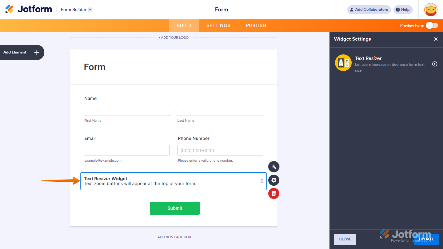Text Resizer widget successfully added and configured on a Jotform form