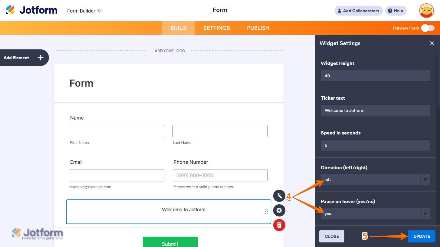 Ticker widget settings showing Direction Left or Right Pause on Hover options and Update button in Jotform